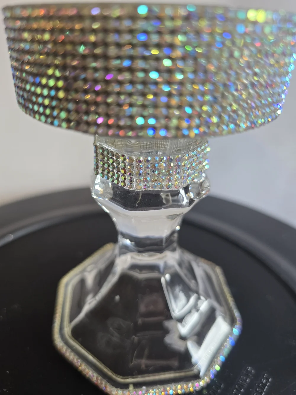 Glass Candle Holder with Iridescent Rhinestones New 5x3.5 Inch Handmade
